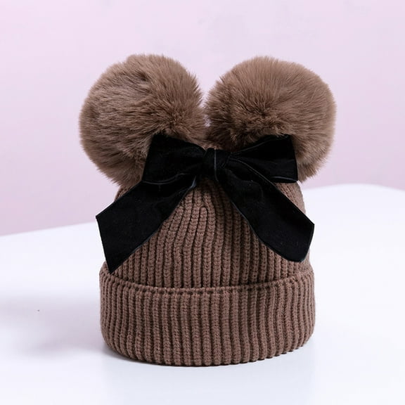 Tanglewen Infant Toddler Baby Knitting Woolen Hat Winter Warm Double Pompom Beanie Cap with Bow Christmas Gift(Khaki)