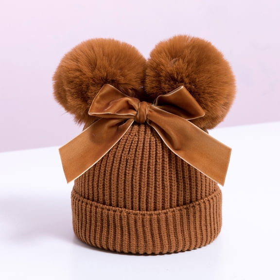 Tanglewen Infant Toddler Baby Knitting Woolen Hat Winter Warm Double Pompom Beanie Cap with Bow Christmas Gift(Light Brown)