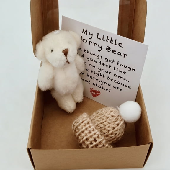 Tanglewen Mini Plush Worry Bear with A Hat,Handmade Positive Small Plush Bear in A Box with Encouragement Little Card Inspirational Support Easter Toy Suitable for Family Friend Coworkers Gift(White)