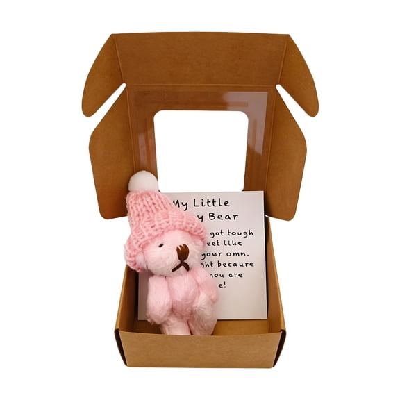 Tanglewen Mini Plush Worry Bear with A Hat,Handmade Positive Small Plush Bear in A Box with Encouragement Little Card Inspirational Support Easter Toy Suitable for Family Friend Coworkers Gift(Pink)