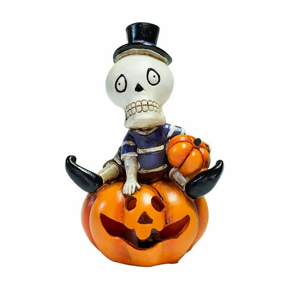 Tanglewen Vintage Halloween Decorations Indoor - 4.7" Resin Skeleton Gentleman & Pumpkin Monster Figurine with Flickering Pumpkin Lights - Halloween Table Decor Ornaments Gifts(B)