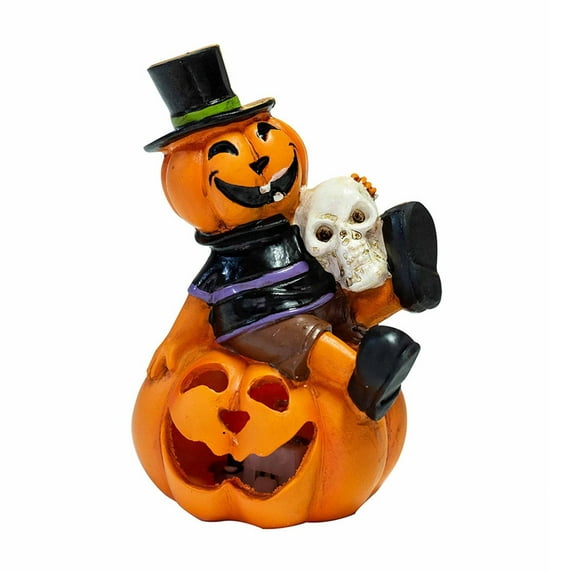 Tanglewen Vintage Halloween Decorations Indoor - 4.7" Resin Skeleton Gentleman & Pumpkin Monster Figurine with Flickering Pumpkin Lights - Halloween Table Decor Ornaments Gifts(A)