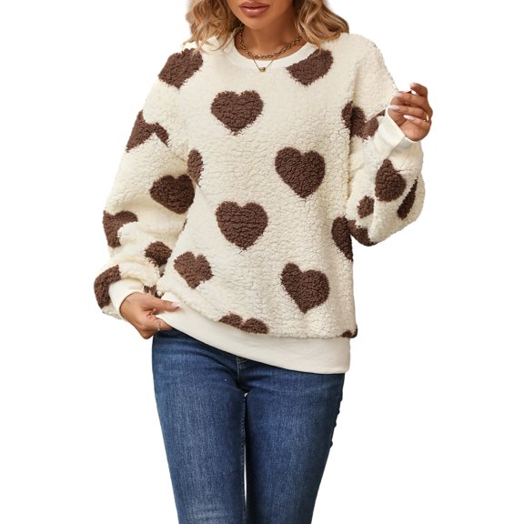 Women Sweatshirt, Long Sleeve Crew Neck Furry Heart Hoodie Pullover Fall Casual Tops