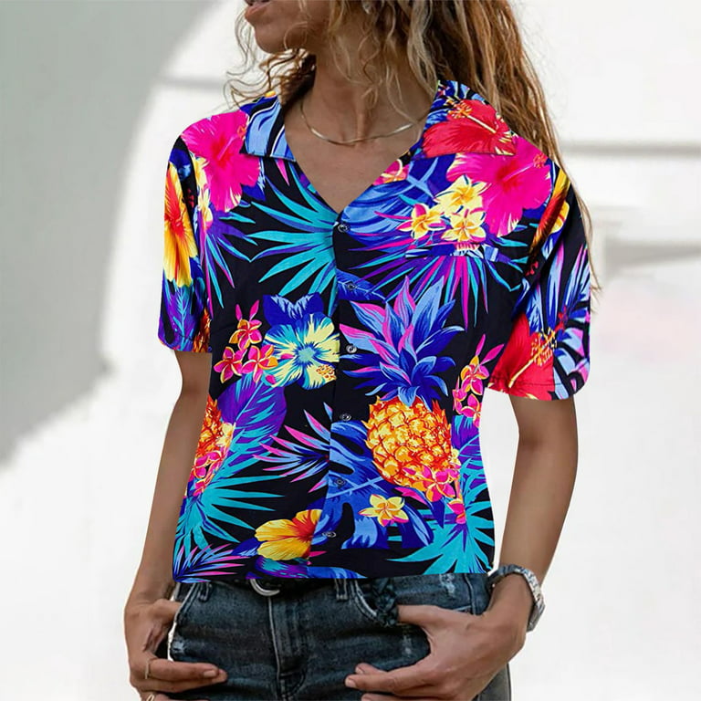 Tangnade Womens Tops Plus Size Funky Hawaiian Shirt Blouse Frontpocket  Leaves Flowers Pineapple Print Stylish Clothing 