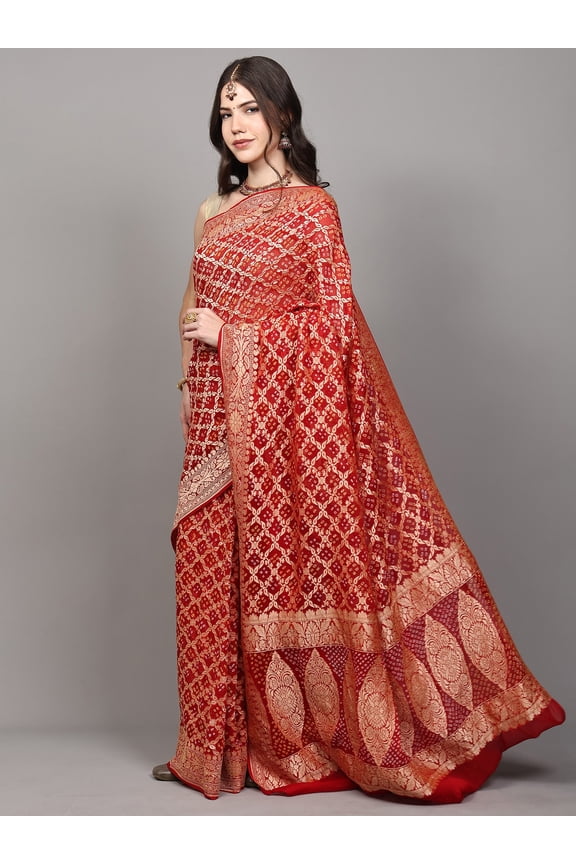 Tango-Red Georgette Bandhani Saree with Zari Woven Floral-Paisley Jali pattern from Gujarat