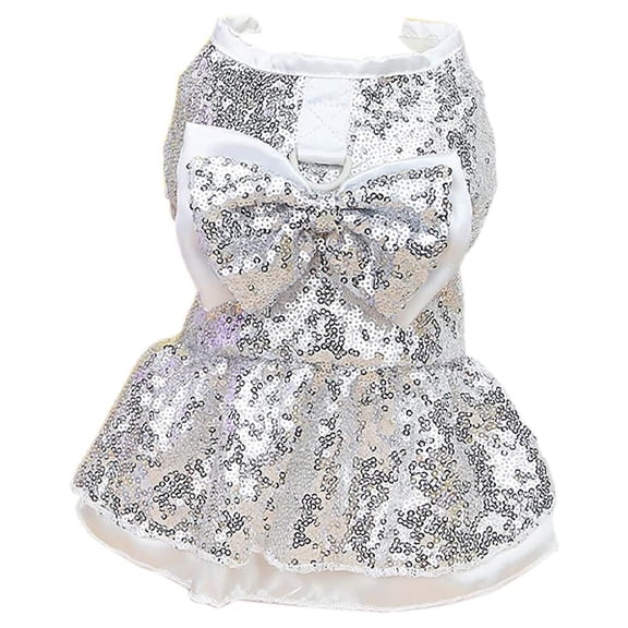 Tangpan Sequins Bow-Knot Pet Dance Dress Dog Christmas Party Dress (Silver, XS)