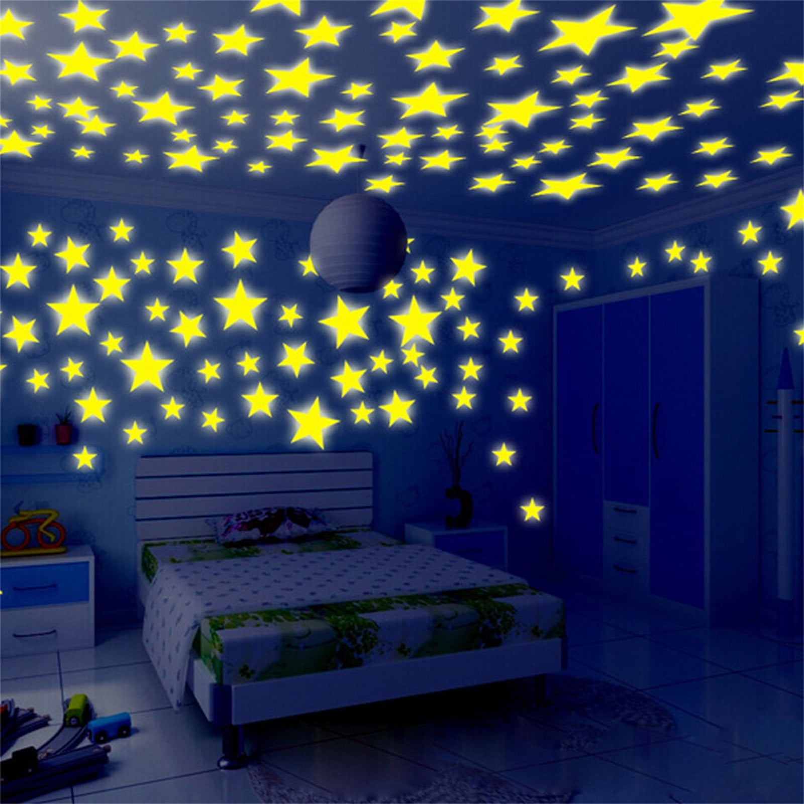 Tanhomme 100Pcs Yellow Luminous Star Glow in The Dark Fluorescent Noctilucent Wall Stickers Decals for Home Ceiling Wall Baby Kids Bedroom Room Art Home Ceiling Decor