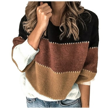 Tanhomme Long Sleeve Shirts For Women V Neck Casual Sweaters Basic Knit Winter Fashion Pullover Tops Women Sweaters Long Sleeve Crewneck Color Block Pullover Knit Tops