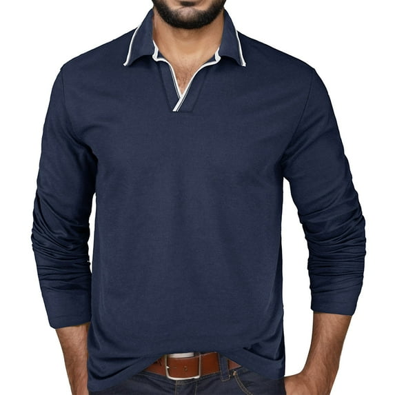 Tanhomme Men's Polos Shirt Long Sleeve Quick-Drying Athletic Performance Shirts Male Autumn And Winter Solid Color Lapel V Neck Oversized T Shirt Top