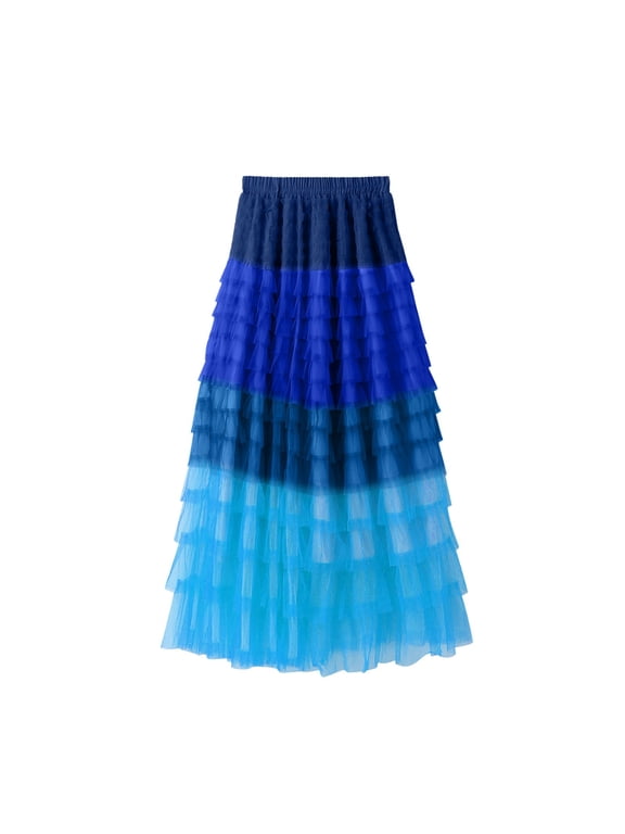 Tulle Skirts Long Length Tutu Tiered Skirt A Line Mesh Elastic Waist Skirts Blocked Cake Skirt High Waisted Contrasting Ruffles Spliced Mesh Skirt Long Tutu Skirt Midi Skirt A Line Skirt