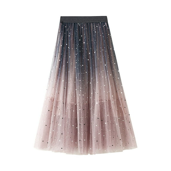 Tanhomme Tulle Skirts for Women Long Length Tutu Fairy Tiered Skirt A Line Mesh Elastic Waist Skirts Fashion Women Summer Gradient Color Tulle Skirt High Waist Pleated Long Female Tutu Skirts
