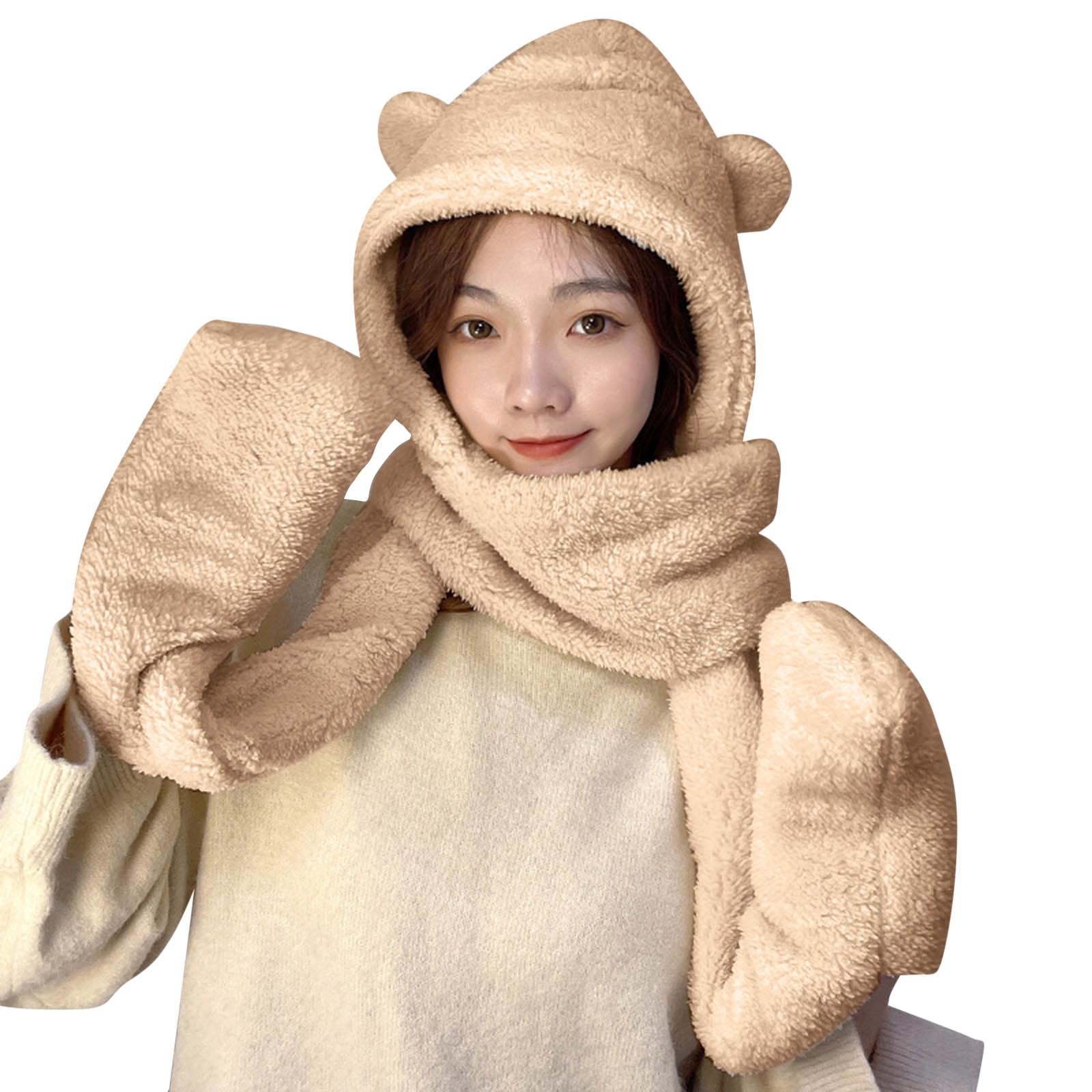 Brown, tan hat and glove set Free People Beige/Tan Knit Gloves, Hat and Scarf Set – The  main image 4