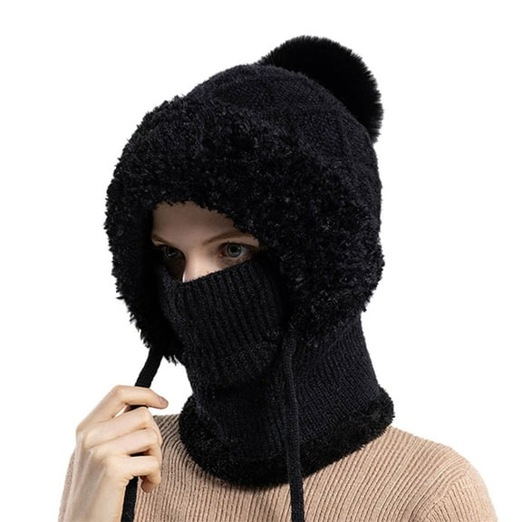 Tanhomme Winter Ski Covers, Fleece Face-Cover Hat Neck Windproof Hooded Scarf Cold Weather Warm Face-Cover Knitted Hat Winter Cycling Windproof Warm Cap Winter Hats Warm Winter Plain Knit Hat