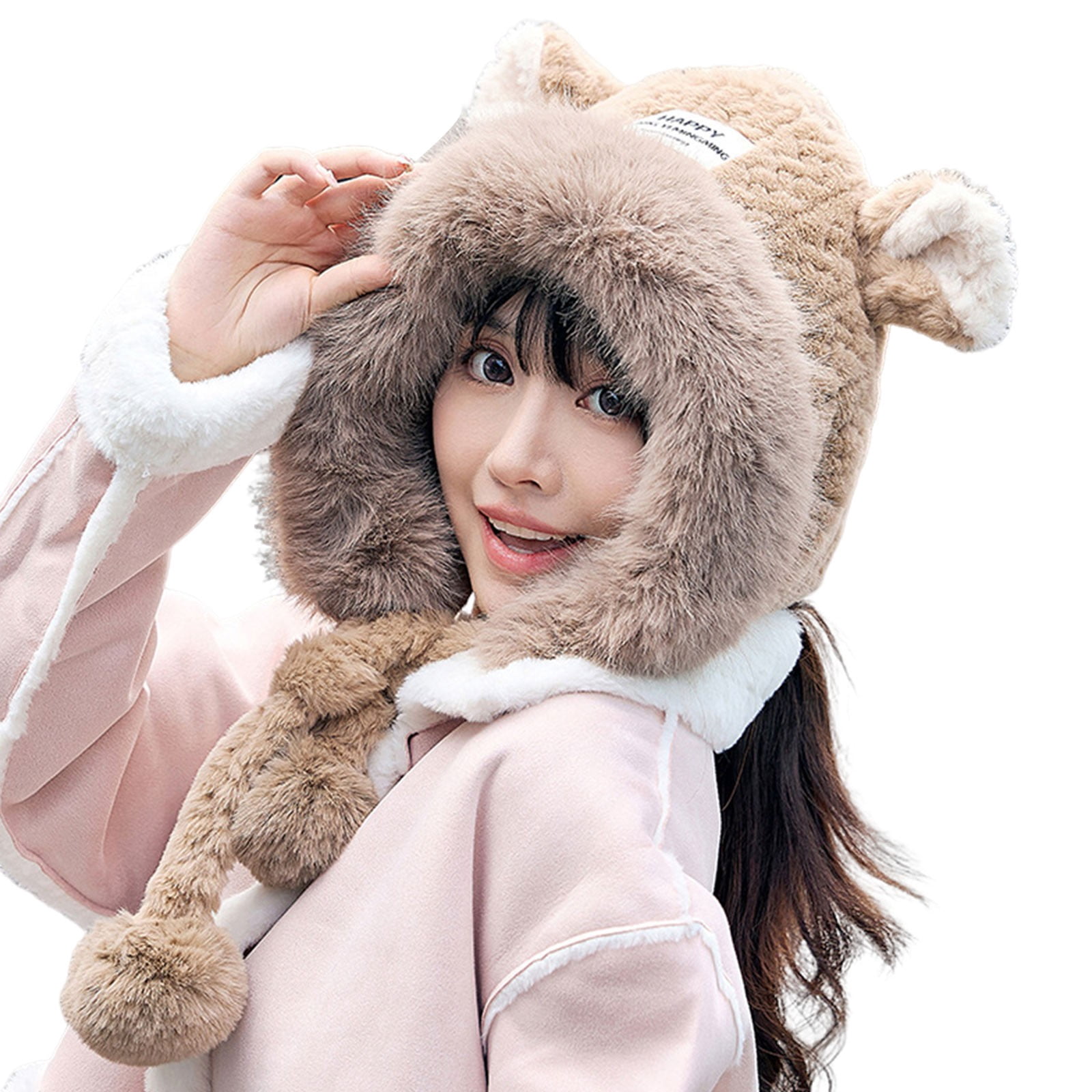 Tanhomme Winter Ski Covers, Fleece Face-Cover Hat Neck Windproof Hooded Scarf Cold Weather Warm Face-Cover Women Winter Hat Scarf Set Ski Ear Caps Dual-Layered Fleece Lined Pompoms Soft Warm Cap