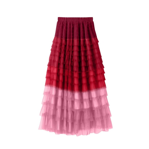 Tanhomme Women Tulle Skirts Tutu Skirt Midi Length Elastic High Waist A Line Skirt Blocked Cake Skirt High Waisted Contrasting Ruffles Spliced Mesh Skirt Long Tutu Skirt Midi Skirt A Line Skirt