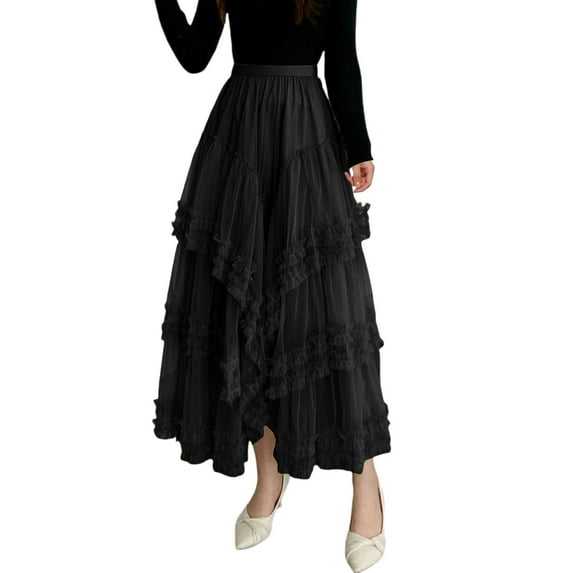 Tanhomme Women's Long Tulle Tutu Skirts Tiered Skirt Petticoat A Line Tulle Party Dinner Tutu Skirt Brown Stretchy High Waisted Flared Skirt