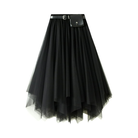 Tanhomme Women's Tulle Skirt A-Line High Low Asymmetrical Length Elastic Waist Tutu Skirts Mesh Layered Midi Irregular Tulle Skirt Summer High Waist Up Party Petticoat Skirt Elegant Tutu Midi Skirt