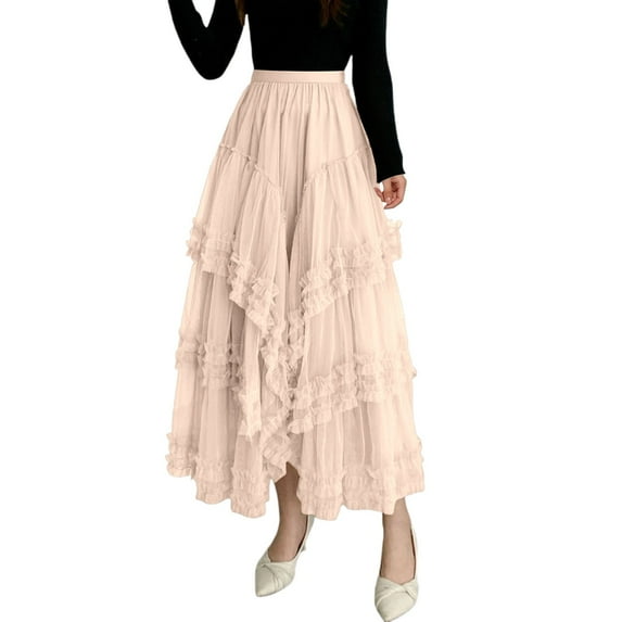 Tanhomme Women's Tulle Skirts Elastic High Waist Pleated Mesh Flowy Party Long Tutu Skirts A Line Tulle Party Dinner Tutu Skirt Brown Stretchy High Waisted Flared Skirt