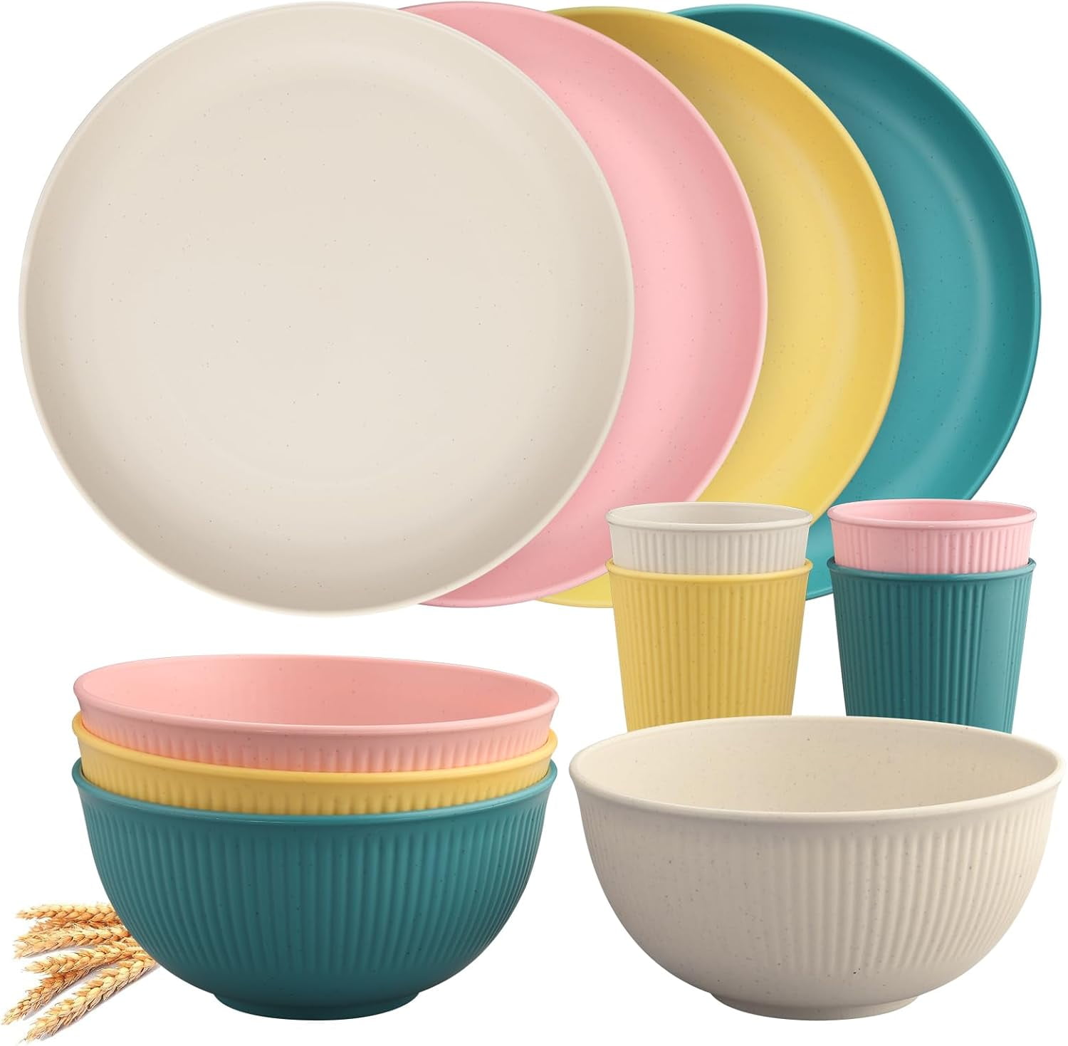 Tanice Plastic Dinnerware Set, 12PCS Plastic Plates and Bowls Sets, Kids Dinnerware Set for 4, Plastic Dishes Set with Pltaes, Bowls, Cups for Kitchen, Outdoor Camping