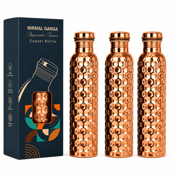 Nirmal Ganga Copper Bottle, Diamond Design, 1 Ltr Pack of 3