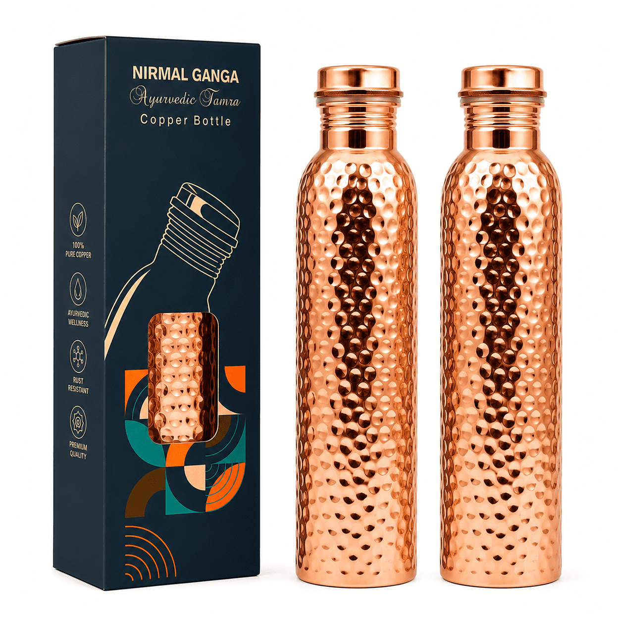 Nirmal Ganga Hammered Copper Bottle 1 Ltr – . Craftsmanship pack of 2