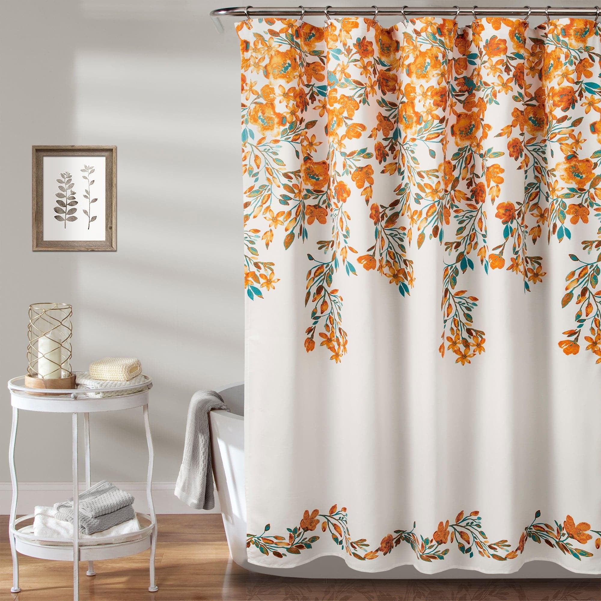 Tanisha Tangerine and Turquoise Floral Fabric Shower Curtain