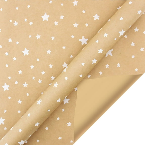 Tanjnj Christmas Wrapping Paper Roll, Retro Brown Kraft Paper 17.3" x 39.4" (White Star)