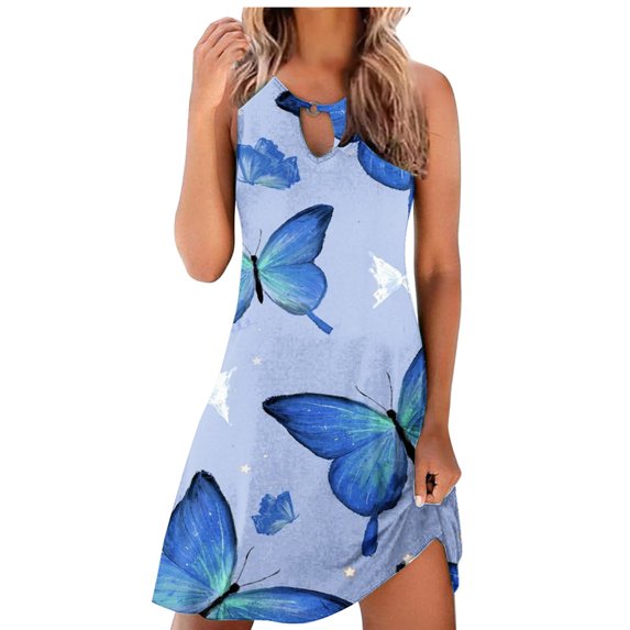 Tank Dress for Women Boho Butterfly Print Dress Round Neck Sleeveless Sundress Tunic Dress Casual Keyhole Tshirt Dress
