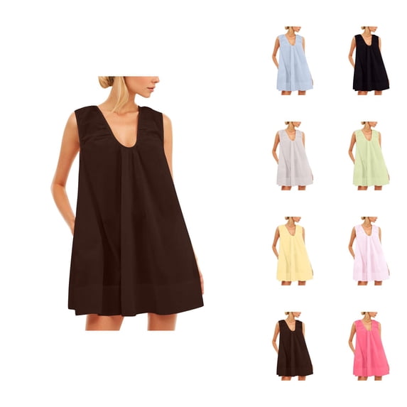 Tank Dress for Women Sleeveless Scoop Neck Ruched Mini Dress with Side Pockets Summer Party Dresses