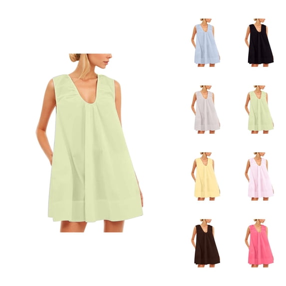 Tank Dress for Women Sleeveless Scoop Neck Ruched Mini Dress with Side Pockets Summer Party Dresses