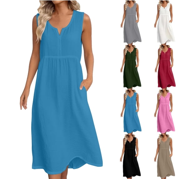 Tank Dresses for Women Fashion Summer Sleeveless Sundress Casual Beach Dress with Pockets Blue S