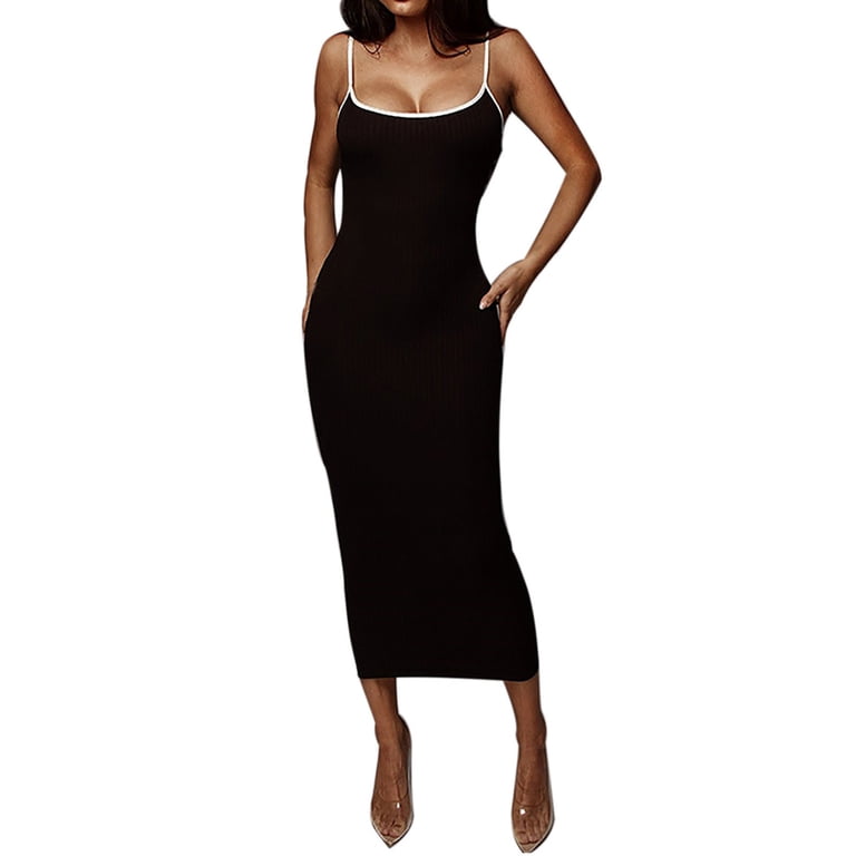 Tank Dresses for Women Slim Tight Ribbed Sleeveless Maxi Sundress Low Cut  Spaghetti Strap Solid Color Long Dress (Large, Black) - Walmart.com