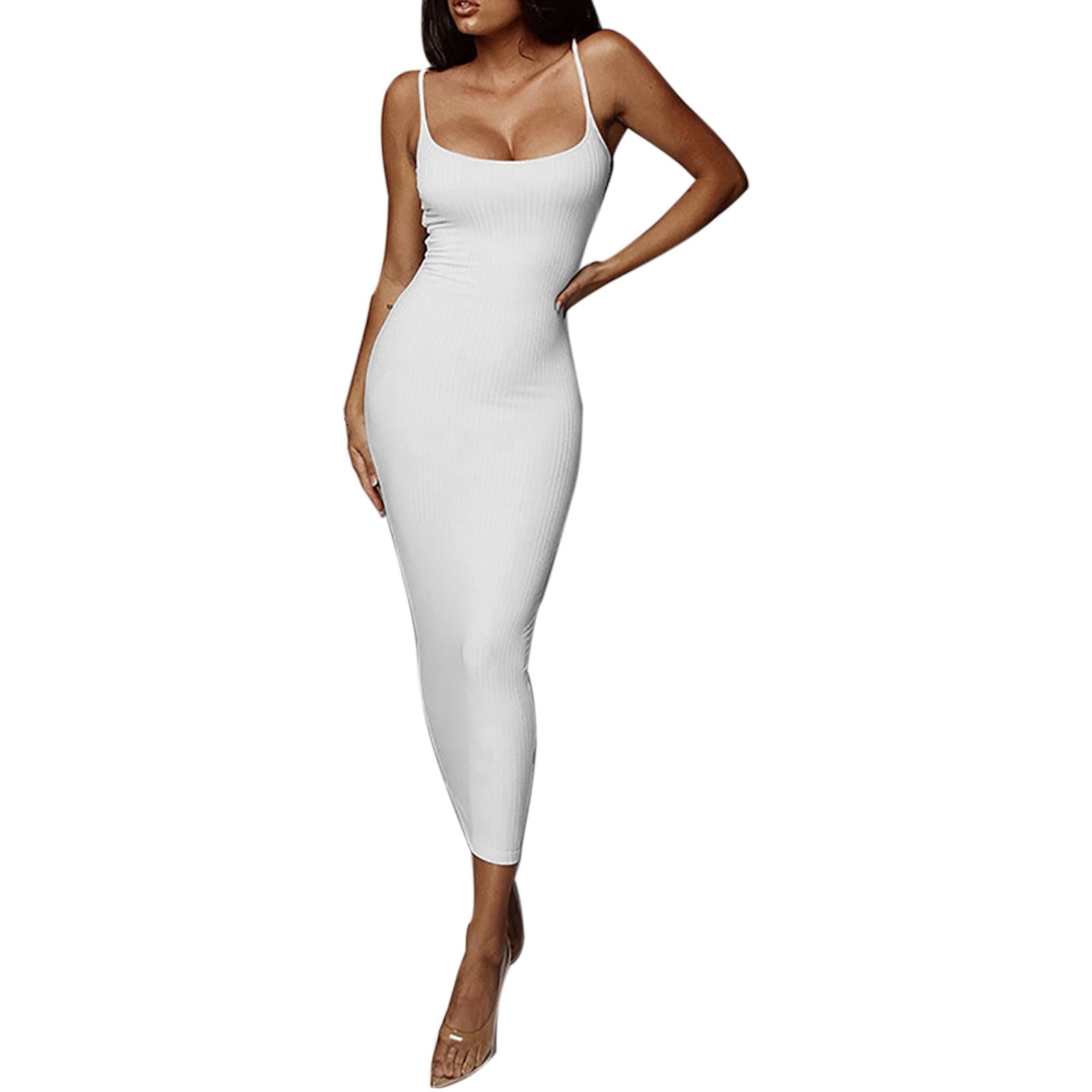 Tank Dresses for Women Slim Tight Ribbed Sleeveless Maxi Sundress Low Cut Spaghetti Strap Solid Color Long Dress Large White