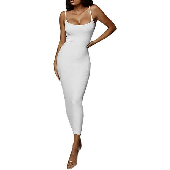 Tank Dresses for Women Slim Tight Ribbed Sleeveless Maxi Sundress Low Cut Spaghetti Strap Solid Color Long Dress (Medium, White)