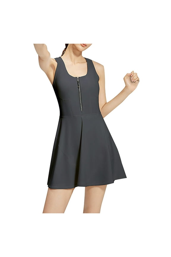 Tank Dresses for Women with Built in Shorts & Bra Casual Sleeveless V-Neck Tennis Dress Sport Going Out Exercise Mini Dresses with Zipper Gray M