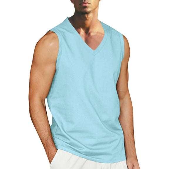 Tank Top For Men Working Out Summer Beach Simple Classic Solid Color V Neck Cotton And Sleeveless Shirt T-Shirt,Size S,Sky Blue