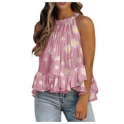 Tank Top For Women O-Neck Vest Layered Ruffles Print Sleeveless Top Pink M