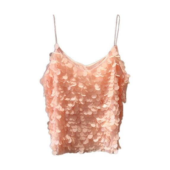 Tank Top For Women Sequin Top Carnival Shiny Glitter Sleeveless Vest Solid Color Sparkle Camisole Top Fashion Summer Casual Outfit For Party V Neck