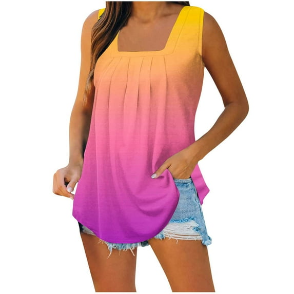 Tank Top For Women Sevevn Summer Tank Tops for Women Loose Fit Pleated Square Neck Sleeveless Tops Curved Hem Flowy Womens Tank Tops Loose Fit