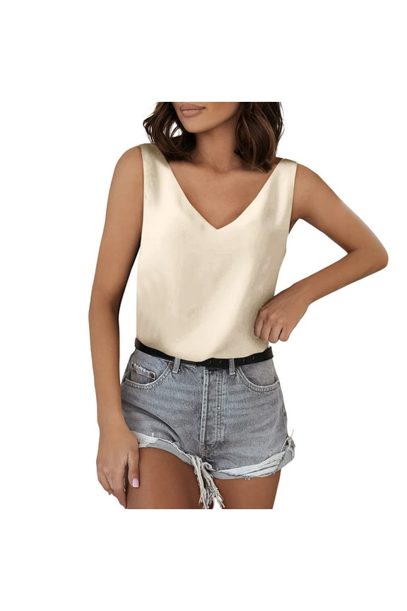 Tank Top For Women V Neck Silk Summer Satin Sleeveless Blouse Basic Camisole Shirts