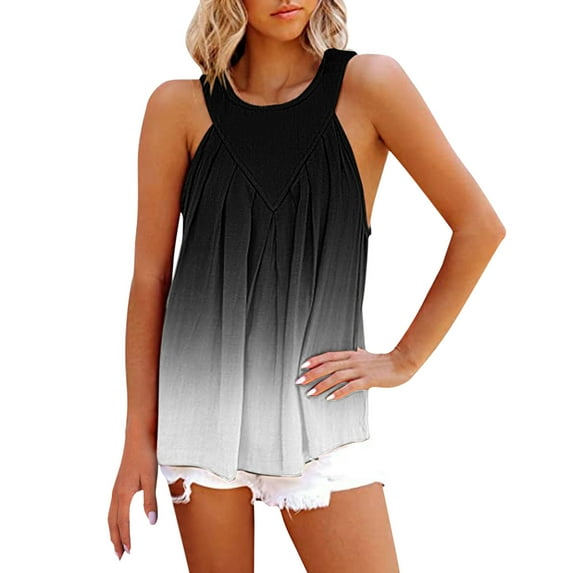 Tank Top For Women Workout Gradient Printing Halter Summer Pleated Flowy Cami Dressy Shirts Beach Blouse Sleeveless Tops For Women Dressy Work