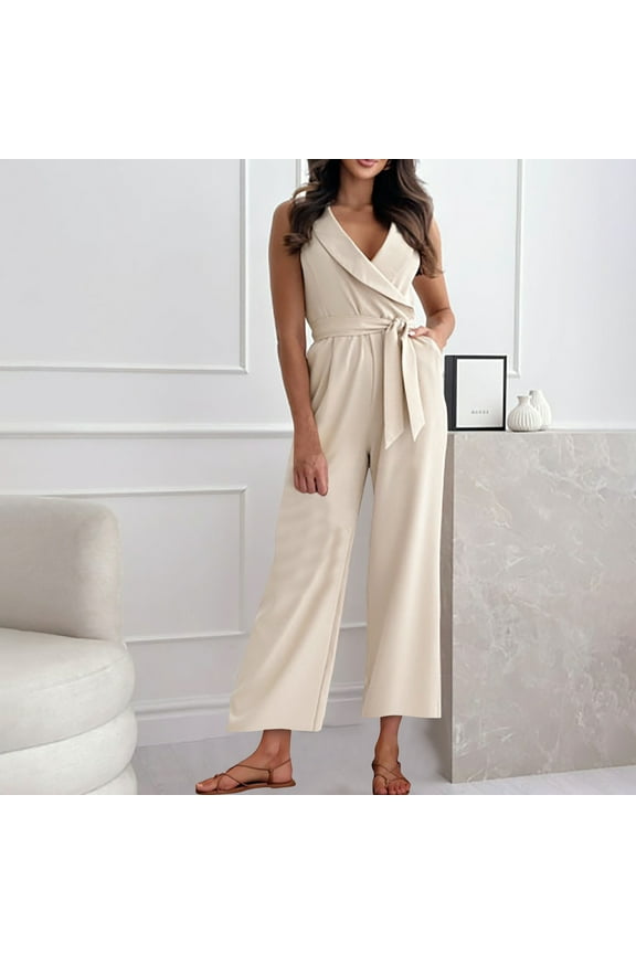 Tank Top Jumpsuit for Women Casual Office Cross Front Belt High Waist Jumper with Pocket Slimming Long Pant Work Outfits, Khaki, XXL