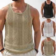 Tank Top Men Shirts for Men Sleeveless Shirts for Men Men's Summer Sleeveless Solid Color Knitted Hollow Out Deep U-Neck Casual Top Black L