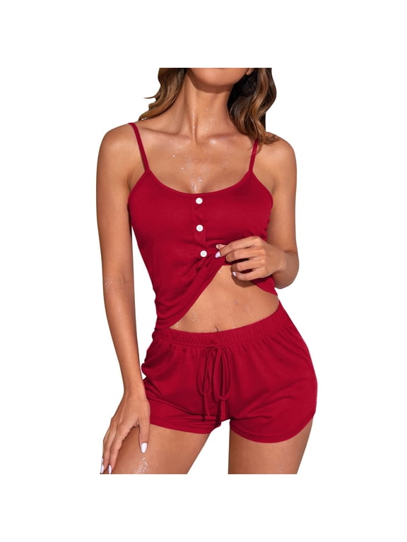 Tank Top Pajama Set, Hugcore Women's Soft Pjs 2 Piece Cami Shorts Set U Neck Spaghetti Strap Nightwear Cami Pj Sets for Women Red, M