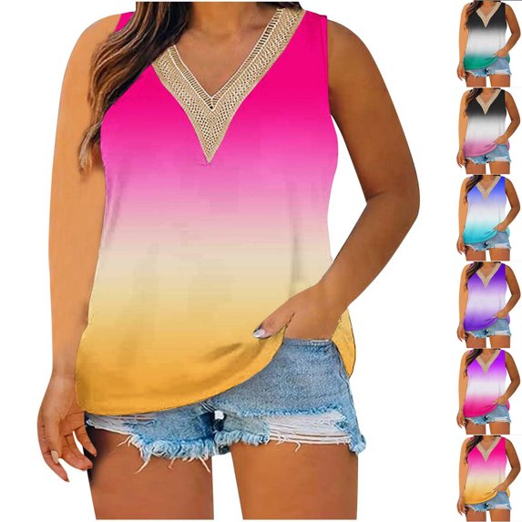 Tank Top Plus Size Tunic for Women-Neck Blouse Lace Casual Loose Summer Sleeveless Tank Hot Pink Xxxxl