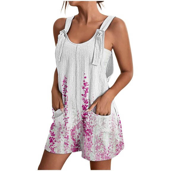 Tank Top Romper for Women Summer Flowers Print Tie Knot Front Short Jumpsuit with Pocket Wide Leg Loose Casual Outfits, Multicolor, XL