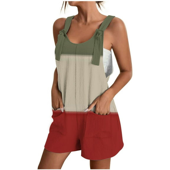 Tank Top Romper for Women Summer Tie Knot Shoulder Color Block Short Jumpsuit with Pocket Casual Wide Leg Athletic Outfits, Green, S