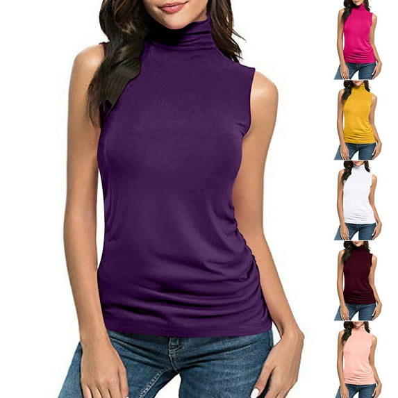 Tank Top Shirt for Women Turtleneck Sleeveless Plus Size Solid Color Slim Underwear Casual Loose Outdoor Workout Pullover Blouse Tops Pink 3XL