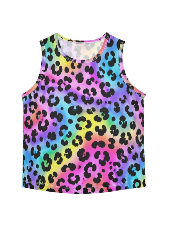 Tank Top Shirts Playful Rainbow Leopard Print Quick-Dry Athletic for Running & Gym - Breathable Muscle Tee with Racerback Design