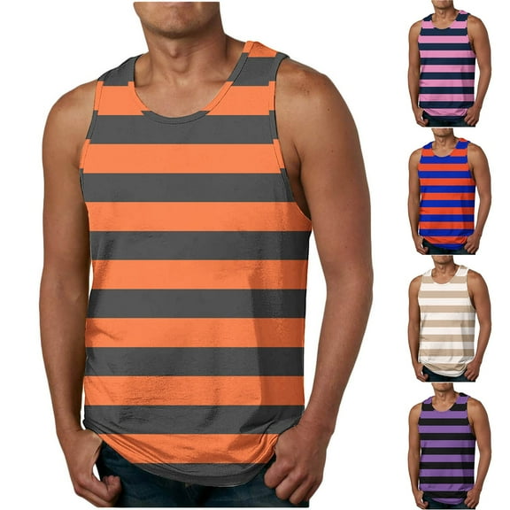 Tank Top Under Shirt For Men Mens Tank Top Pack Top Tanks For Men Men Stripe Printed Casual Sports Elastic Fashionable T-shirt Round-Neck Purple M